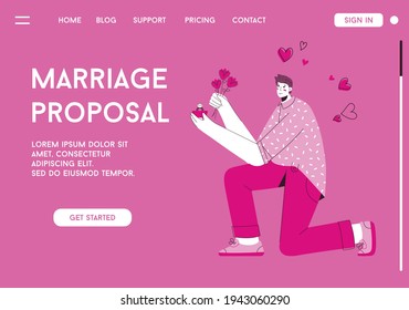 Vector landing page of Marriage Proposal concept. Kneeling man holds wedding ring and bouquet of flowers. Love, romantic relationship, create new family. Character illustration of advertising banner