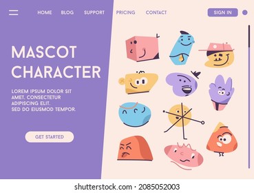 Página de inicio de vectores del concepto de carácter mascota. Monstruos abstractos que expresan diferentes emociones, criaturas divertidas en diseño de formas simples. Colorida ilustración infantil de banner publicitario