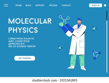 Vector landing page of Molecular Physics concept. Scientist studying of molecule, holding large model of abstract molecular structure. Laboratory research. Character illustration of advertising banner