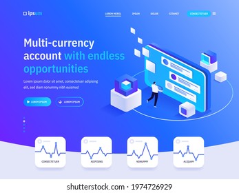 Vector Landing Page Of Multi-currency Account With Endless Opportunities Isometric Concept. Investment, Money Transfer, Online Banking, Finance. Illustration Of Advertising Banner In Isometry Design