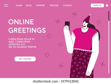 Vector landing page of Online Greetings concept. Woman in festive cap receiving happy birthday wishes by smartphone. Celebrate birthday, meeting via video calling. Character illustration of banner