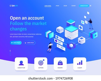 Vector landing page of Open an account Follow the market changes isometric concept. Investment, online banking, financial tools, bank transaction. Illustration of advertising banner in isometry design