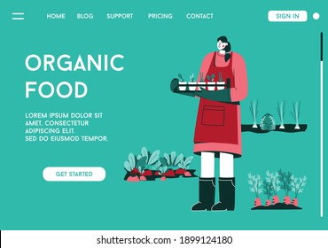 Vector landing page of Organic Food concept. Woman farmer holding box with seedlings of agricultural plants, making local vegetables, planting, farming. Character illustration of advertising banner