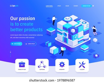 Vector landing page of Our passion is to create better products isometric concept. Cryptocurrency, blockchain tech, farm mining digital money. Illustration of advertising banner in isometry design