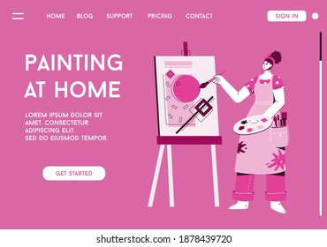 Vector landing page of Painting at Home concept. Woman drawing abstract picture on canvas at easel, holding color palette and paintbrush. Creative hobby. Character illustration of advertising banner