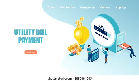 Vector Landing Page Of People Paying Utility, Electricity Bills Online 