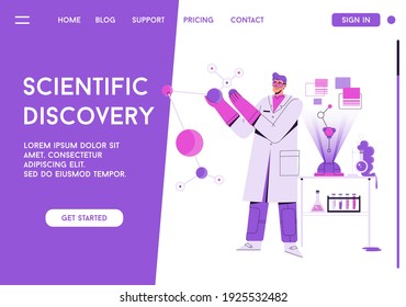 Página de aterrizaje de vectores del concepto de descubrimiento científico. Científico estudiando molécula en laboratorio. Equipo de ciencia, investigación química, haciendo experimentos. Ilustración de caracteres del banner publicitario