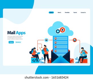 página de inicio vectorial de envío, recepción, administración de correo electrónico. programación de trabajo con servicios de correo electrónico de negocios digitales. ilustración para página de inicio, plantilla, ui ux, web, aplicaciones móviles, afiche, volante, anuncios