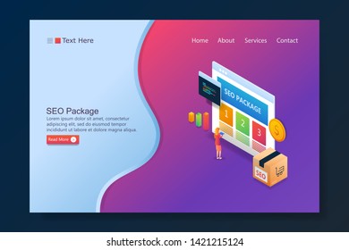 Vector landing page of Seo Business, Seo services, Seo packages, with characters - 3D, isometric illustration