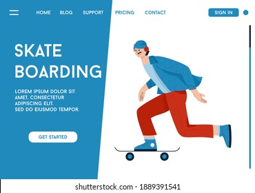 Vector landing page of Skateboarding concept. Young man riding skateboard. Male skater moves at city, learn new tricks, enjoy hobby, outdoors activity. Character illustration of advertising banner