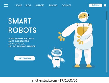 Vector landing page of Smart Robots concept. Two cute robots humanoid assistants. Robotic machines with artificial intelligence for smart home system. Character illustration of advertising banner