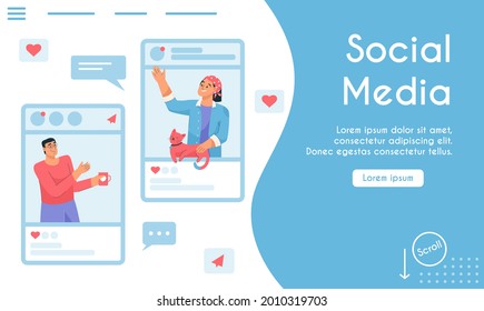 Vector landing page of Social Media concept. Man drinking tea and woman with cat posing in photos. Followers, comments, likes at blogs. Layout mobile app. Character illustration of advertising banner