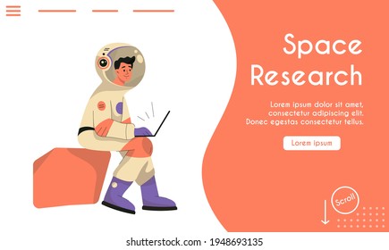 Vector landing page of Space Research concept. Male astronaut works on laptop. Scientist in space suit doing scientific reports from computer. Astronautics. Character illustration of banner design