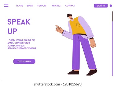Página de inicio del vector del concepto Speak Up. Un hombre furioso que habla, protesta, habla públicamente, hace declaraciones, participa en la discusión pública. Ilustración de caracteres del banner publicitario