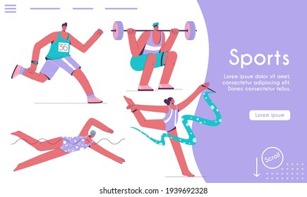 Vector landing page of Sports concept. Athletes running, weightlifting, swimming, rhythmic gymnastics. Fitness, active hobby, professional sport. Character illustration of advertising banner design