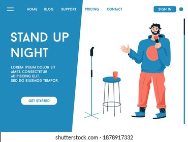 Vector Landing Page Of Stand Up Night Concept. Comedian With Microphone Tells Jokes To Audience. Artist Performing At Stage. Live Entertainment Comic Show. Character Illustration Of Advertising Banner