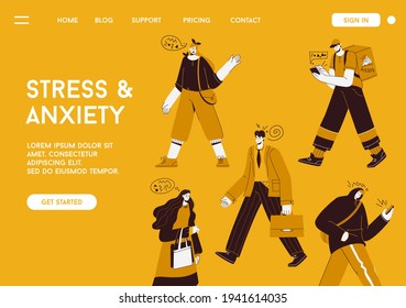 Vector Landing Page Of Stress And Anxiety Concept. Men And Women Overworked, Have Negative Emotions, Expresses Anger. Mental Problems And Emotional Abuse. Character Illustration Of Advertising Banner