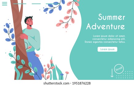 Vector landing page of Summer Adventure concept. Smiling man stands behind tree and looking at leafed plants. Nature exploration, outdoors activities. Character illustration of advertising banner