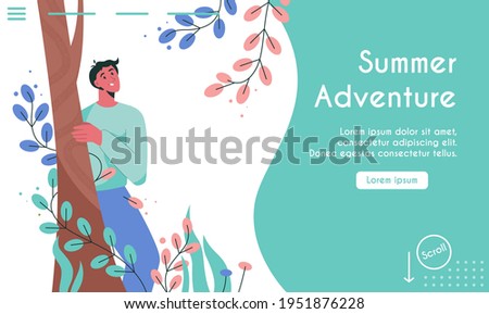 Vector landing page of Summer Adventure concept. Smiling man stands behind tree and looking at leafed plants. Nature exploration, outdoors activities. Character illustration of advertising banner