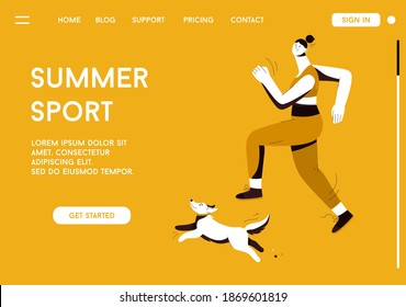 Vector landing page of Summer Sport concept. Woman in sports uniform running with dog. Sportswoman jogging with pet. Healthy lifestyle concept. Vector character illustration of advertising banner