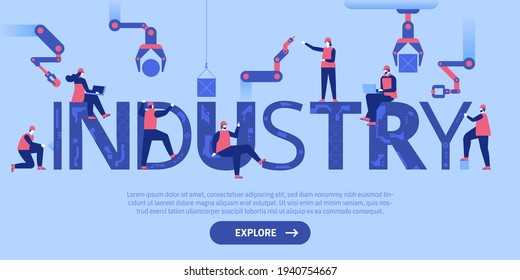 Vector landing page of tech industry with engineers team and robotic technology concept. Huge Industry sign, workers building, working, robotic hands automate processes. Character illustration 