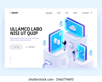 Vector landing page of Tech isometric concept. Business analytics, cloud computing, project development, process organization, teamwork. Character illustration of advertising banner in isometry design