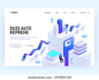 Vector landing page of Tech isometric concept. Teamwork in office, product development, data analysis, business analytics, marketing. Character illustration of advertising banner in isometry design