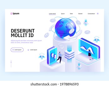 Vector landing page of Tech isometric concept. Cryptocurrency exchange, banking, online connection, financial tools, data analysis. Character illustration of advertising banner in isometry design