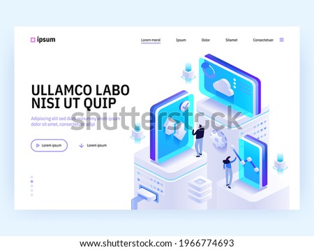 Vector landing page of Tech isometric concept. Business analytics, cloud computing, project development, process organization, teamwork. Character illustration of advertising banner in isometry design