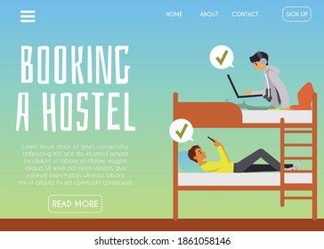 Vector landing page template for app of booking cheap housing, motel, dormitory or overnight accommodation. Students, tourists or travelers with laptops on bunk bed in hostel room.