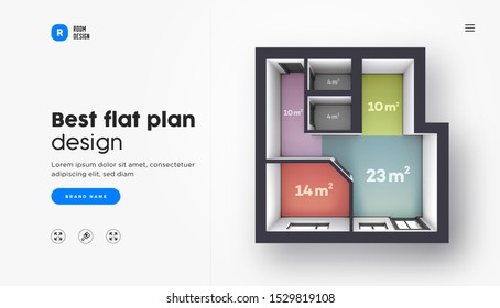 Vector Landing Page Template with Architectural Interior Color Floor Plan. One Bedroom Studio Apartment Top View.