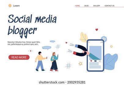 Vector landing page template for attraction customers using influence advertising business marketing. Magnet on smartphone screen collect of likes and feedback followers in internet