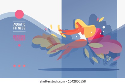 Vector Landing Page Template Or Banner For Pool Aerobics Courses Or Studio. Young Girl Diving And Exersising With Waterobics Noodle. Blue Wave And Greenry For Advertising And Promotion