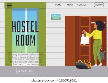 Vector landing page template for booking of cheap accommodation, housing or overnight. Girl traveler or student in hostel or dormitory room puts clothes from suitcase in wardrobe