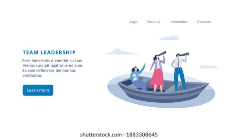 Vector landing page template with concept of searching professional employees, opportunities to goal, successful career and future. Business people with spyglasses sailing on boat.