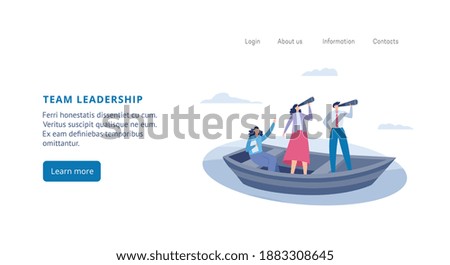 Vector landing page template with concept of searching professional employees, opportunities to goal, successful career and future. Business people with spyglasses sailing on boat.