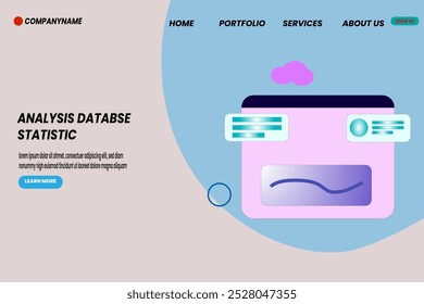 Design de modelo de página inicial de vetor para análise estatística de banco de dados com plano de fundo ondulado e tela de monitor. Adequado para apresentações de dados modernos e serviços de análise estatística. eps 10