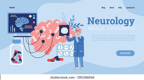 Vector landing page template with doctor neurologist studying pictures x-ray, eeg, mrt scans of human brain. Medical diagnostic, consultation and treatment of neurology disease.