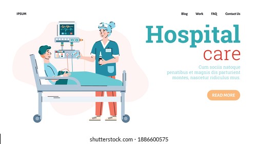 Vector landing page template with female doctor taking care for male patient lying in medical bed. Modern hospital room with equipment for intensive therapy and medical diagnostics