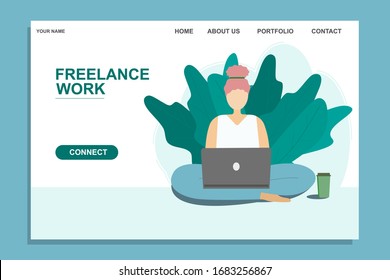 Vector landing page template freelancer working from home. Girl in lotus position with laptop and coffee surrounded by green plants. Vector graphics in a flat style. 