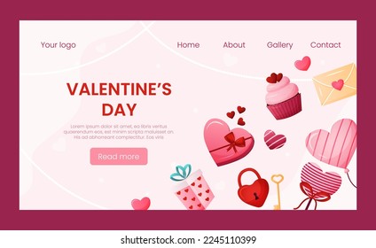 Vector landing page template greeting card for Valentines day. Valentine's decoration on pink background illustration. Celebrate event and sale