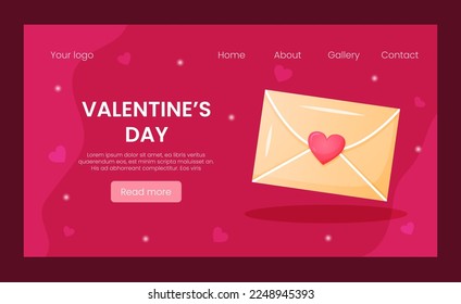 Vektor Landing Page Vorlage Grußkarte für Valentinstag. Herzen und Umschlag auf rosafarbenem Hintergrund, Illustration. Feierlichkeiten und Verkauf