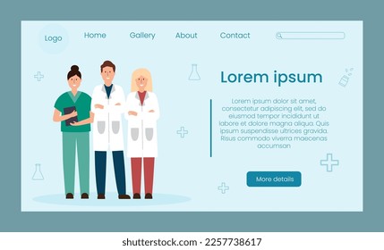 Vector landing page template greeting card for medicine clinic. Doctors on blue background illustration. Family health concept. Web banner, infographics