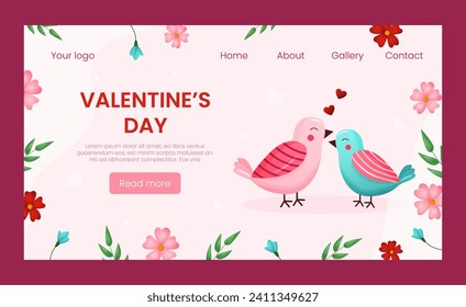 Vector landing page template greeting card for Valentines day. Happy couple birds in love on pink background illustration. Celebrate event and sale.