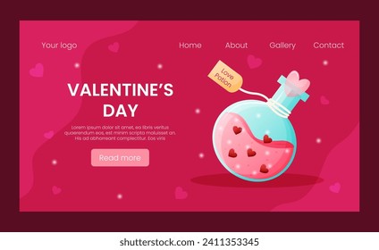 Vector landing page template greeting card for Valentines day. Hearts and love potion bottle on pink background illustration. Celebrate event and sale