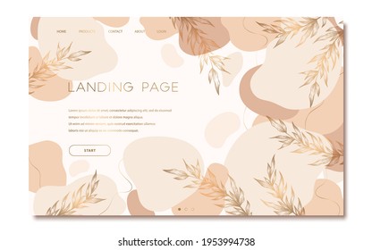 Vector landing page template with hand drawn geometric shapes and plants isolated on white background. Abstract illustrations in pastel colors for web design, banner, website development