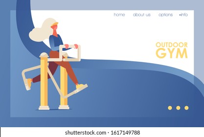 Vector landing page template or horizontal banner good for outdoor gym training. Blue wave and woman on exercise machine.