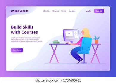 Vector landing page template of online education with young woman sitting at table with laptop in neon color. Modern flat design concept of web page for website.
