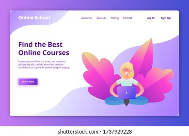 Vector landing page template of online education with young woman sitting with laptop and plant in neon color. Modern flat design concept of web page for website.