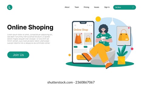 Vector landing page template of online shopping online shopping store with mobile